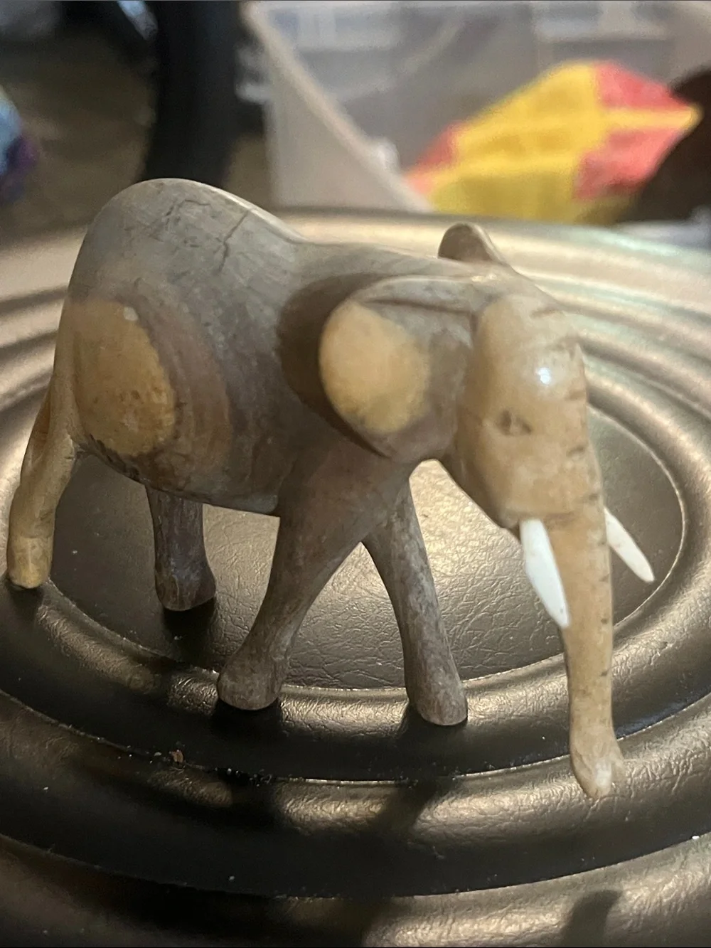 Hand-Carved Wooden Elephant Figurine in Two-Tone Brown With Tusks 416